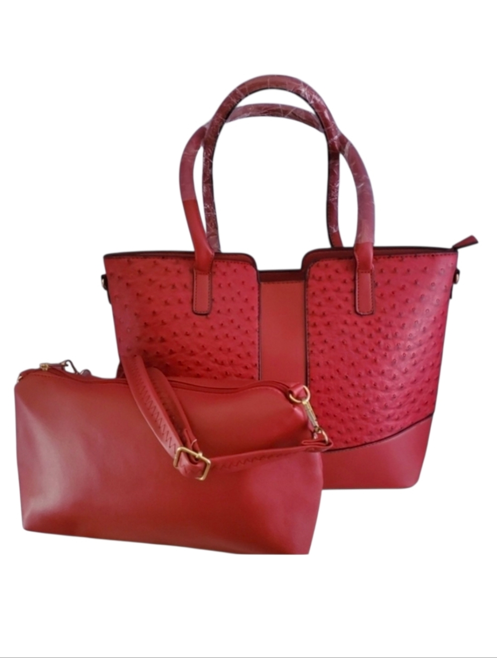 Red Vegan Ostrich Satchel with Matching Pouch